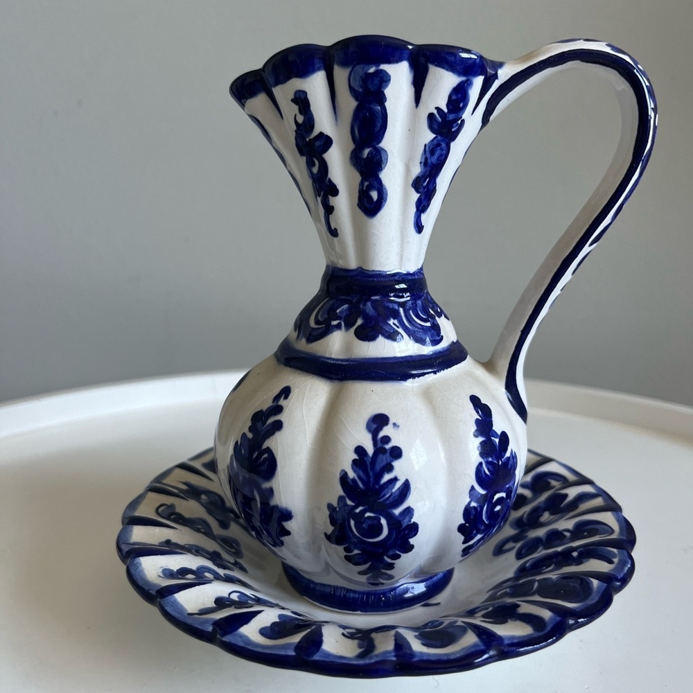 Beautiful Pitcher And Bowl Small Blue White Ceramic Handpainted Portugal